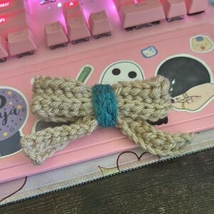 Handmade Beige and Teal Bow Hair Clip